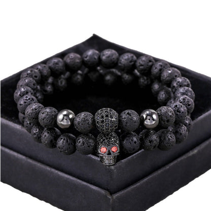 Amazon Punk Bracelet, Microencrusted Zircon Diamond Ball Skull Set Bracelet Men's Volcanic Stone Bead Bracelet