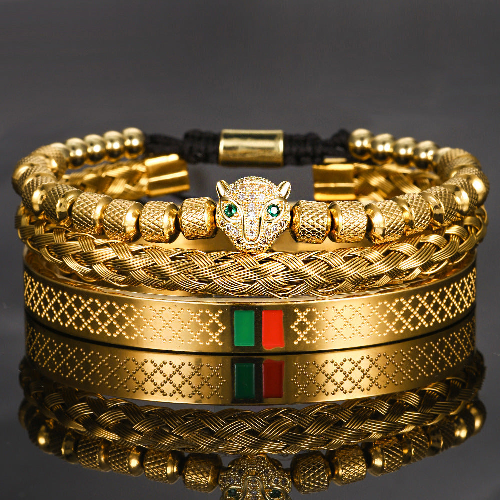 Hip Hop Men's Copper Inlaid Zircon Leopard Head Stainless Steel Bracelet Bracelet Combination Set Non-Fading Internet celebrity jewelry
