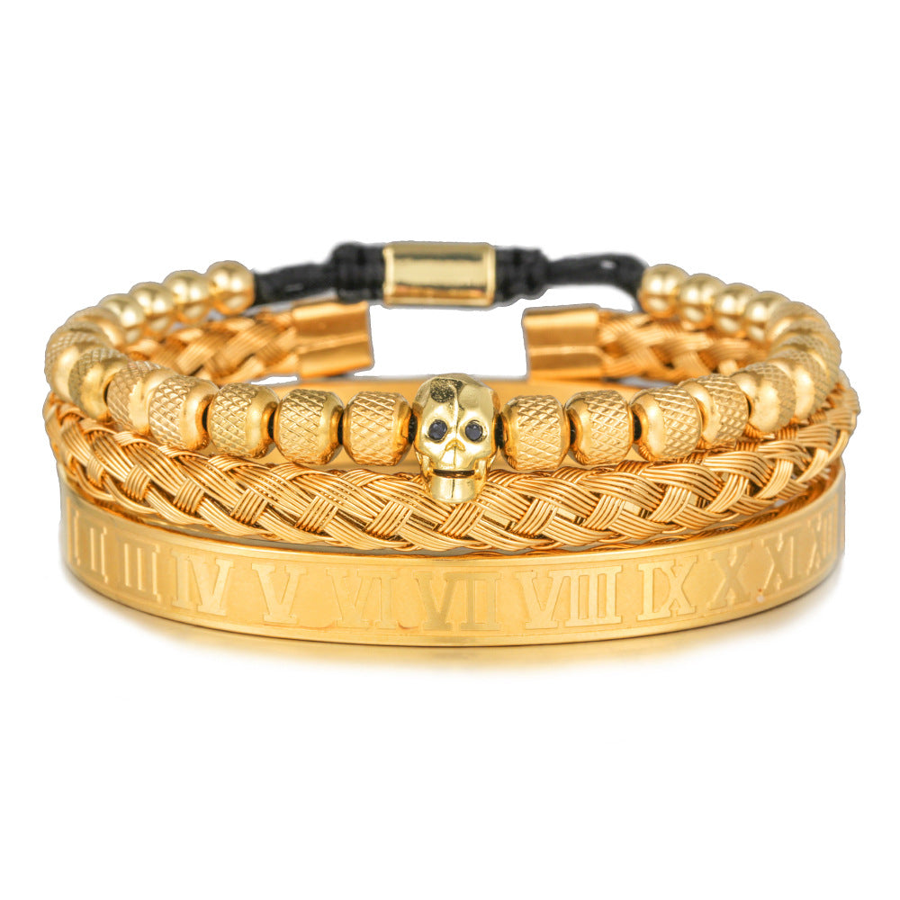 European and American retro zircon skull woven bracelet bracelet set Roman numerals letter woven stainless steel bracelet