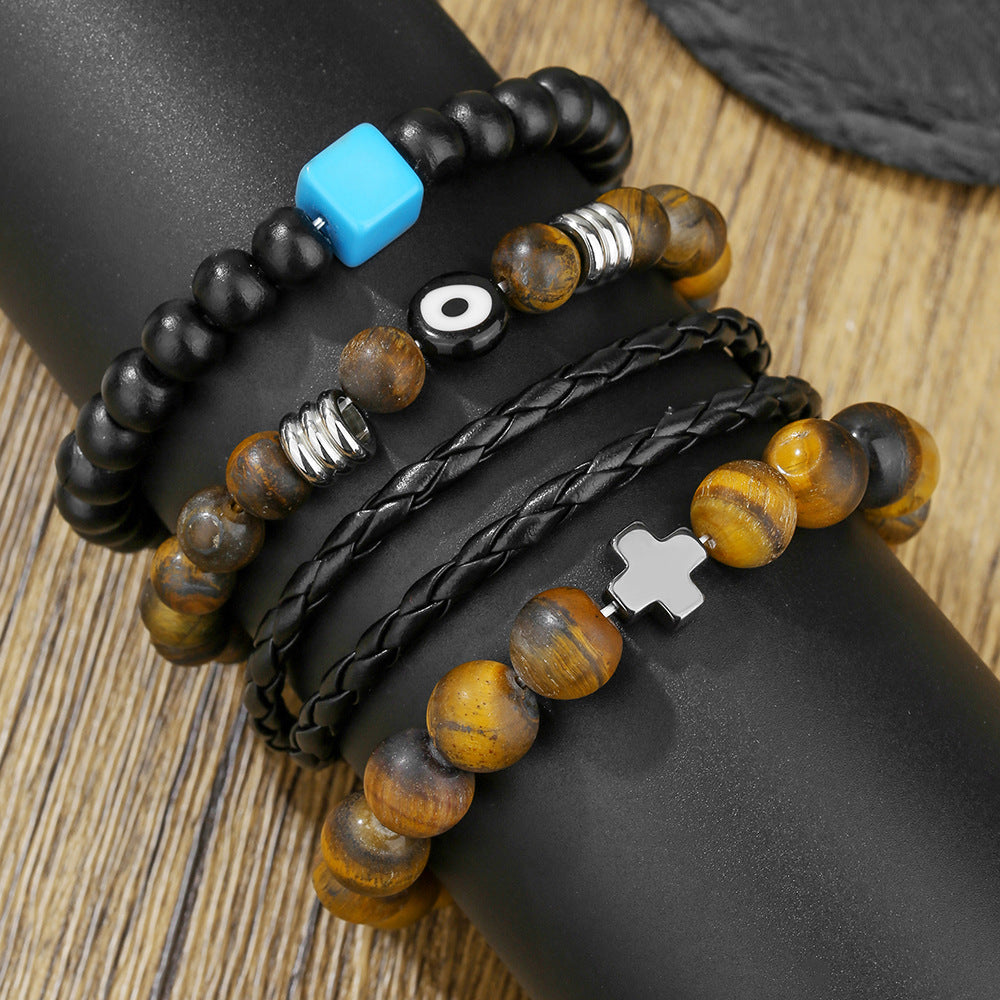 Amazon hot-selling tiger's eye stone leather bracelet set retro men's multi-layer stacking wearing cross eye bracelet men
