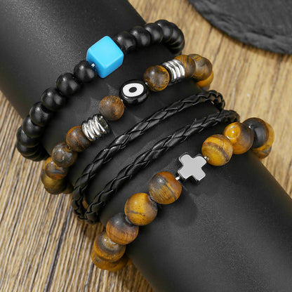 Amazon hot-selling tiger's eye stone leather bracelet set retro men's multi-layer stacking wearing cross eye bracelet men