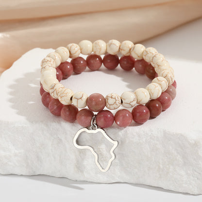 Cross-border hot-selling jewelry, natural stone set, bead elastic bracelet, stainless steel Africa map pendant, couple bracelet.