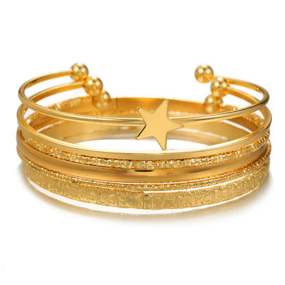 Retro personality exaggerated opening five-pointed star bracelet set 6 gold glossy irregular bracelets Cuff bracelets
