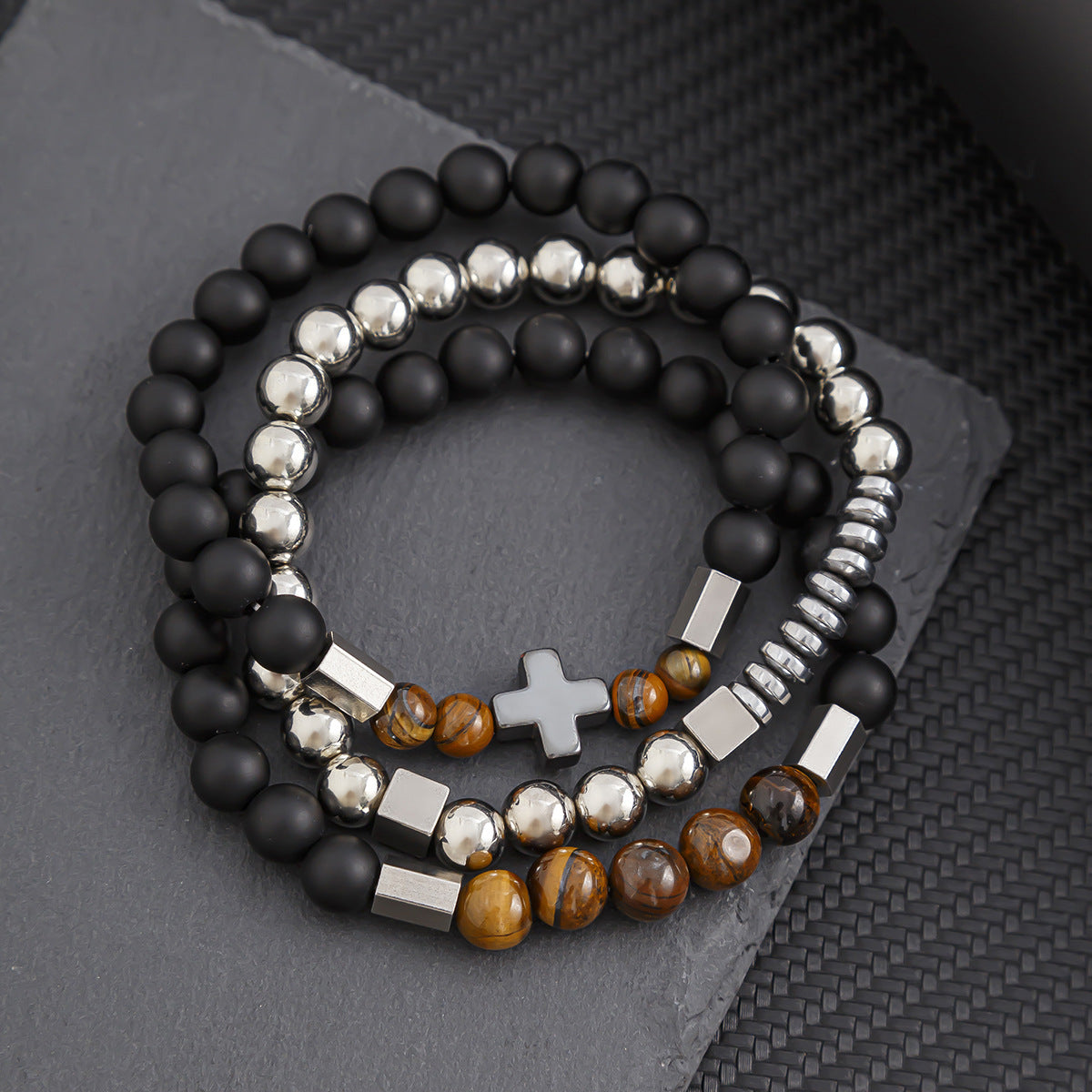 Give boyfriend gifts, fashionable and simple blue dots, blue tiger eyes, beaded elastic bracelet set, multi-layer stacked zircon bracelet.