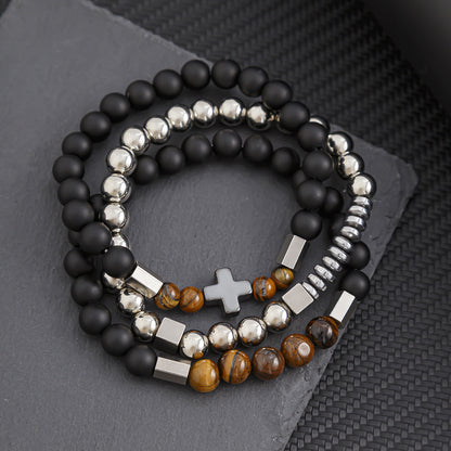 Cross-border hot-selling black gallstone handmade beaded bracelet men's simple and fashionable men's commuting stacked bracelet factory direct sales