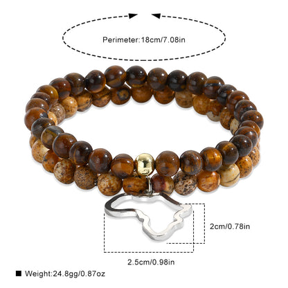 Cross-border hot-selling stainless steel Africa map jewelry, simple and versatile 8mm picture tiger's eye elastic bracelet set