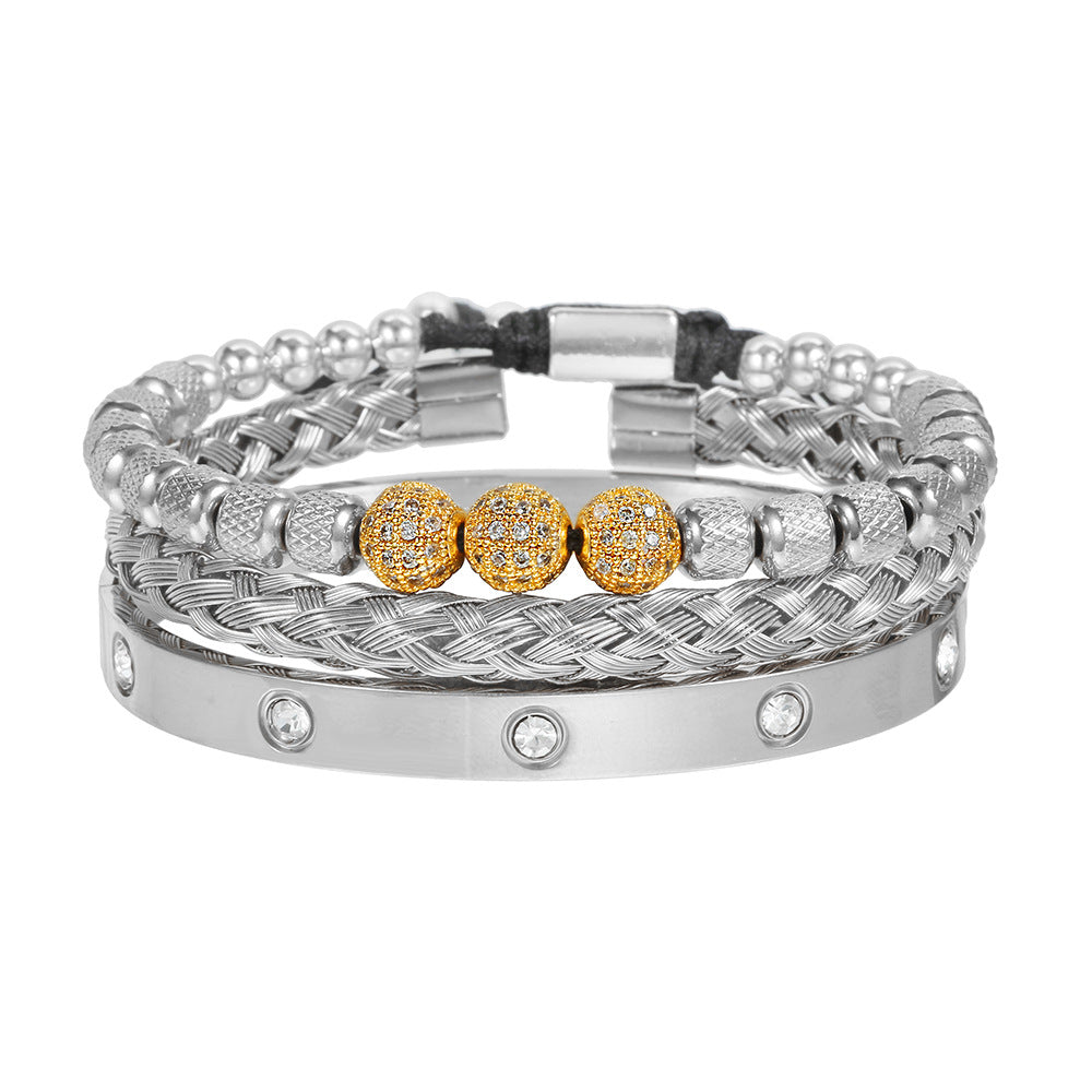 Amazon Hot Sale Men's Bracelet Woven Pineapple Bead Zircon Diamond Ball Three-piece Stainless Steel Roman Numeral Bracelet
