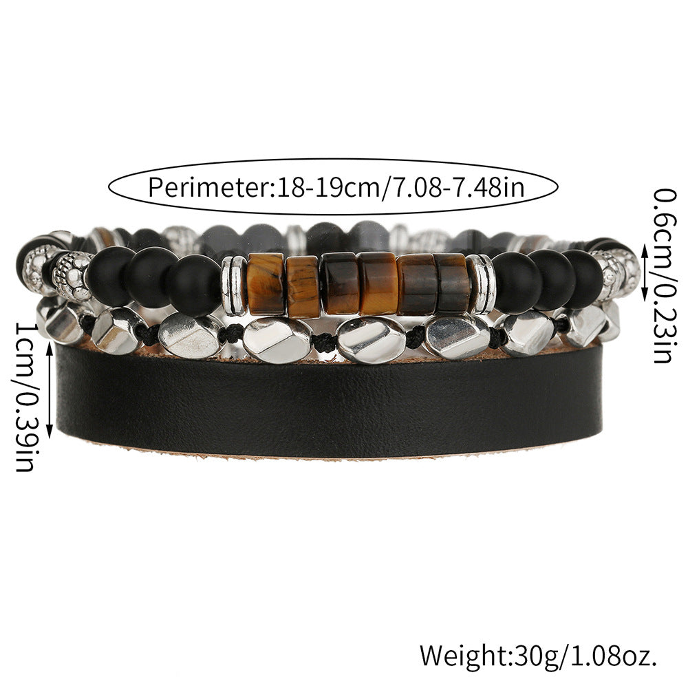 New beaded adjustable yellow tiger eye black agate map stone bracelet combination hip hop men's leather bracelet bracelet