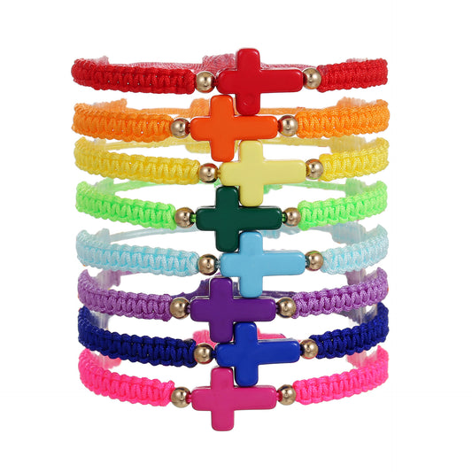 Cross-border fashion rope woven cross bracelet bohemian color hand rope adjustable stacked couple bracelet