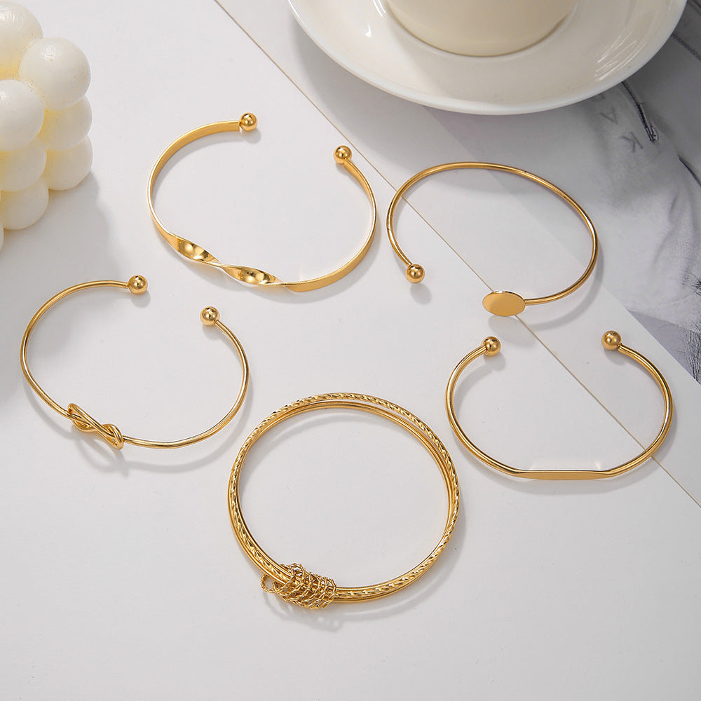 Bohemian retro stacked bracelet set, disc knotted geometric metal open bracelet, female couple bracelet.