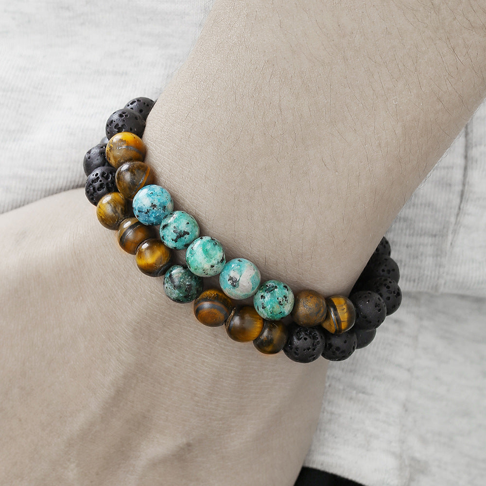 Hip-hop jewelry African pine yellow tiger eye volcanic stone beaded bracelet natural stone bracelet trendy men's jewelry wholesale