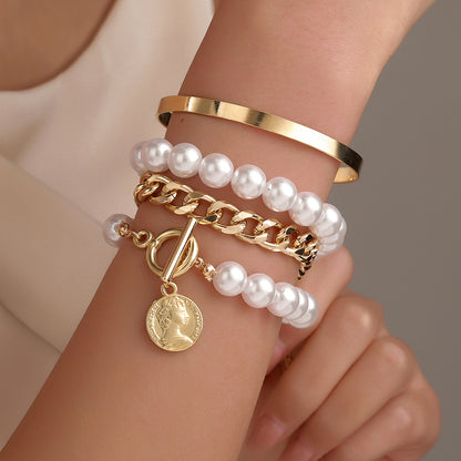 European and American cross-border hand jewelry sweet and cool multi-portrait imitation pearl bracelet set personalized NK Cuban chain jewelry women