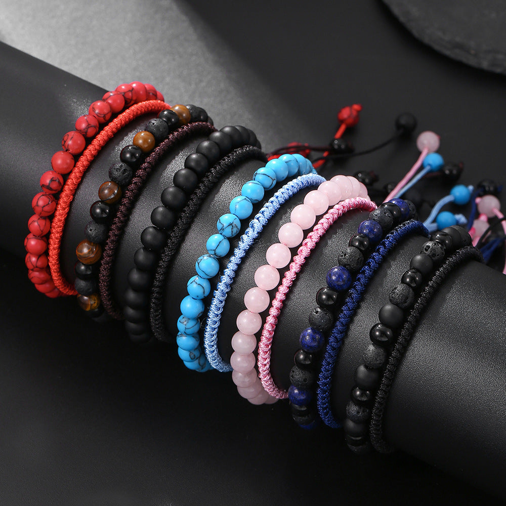 Cross-border hot-selling diamond knot woven bracelet men's combination volcanic stone blue turquoise tiger's eye adjustable couple bracelet