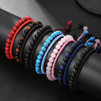 Cross-border hot-selling diamond knot woven bracelet men's combination volcanic stone blue turquoise tiger's eye adjustable couple bracelet