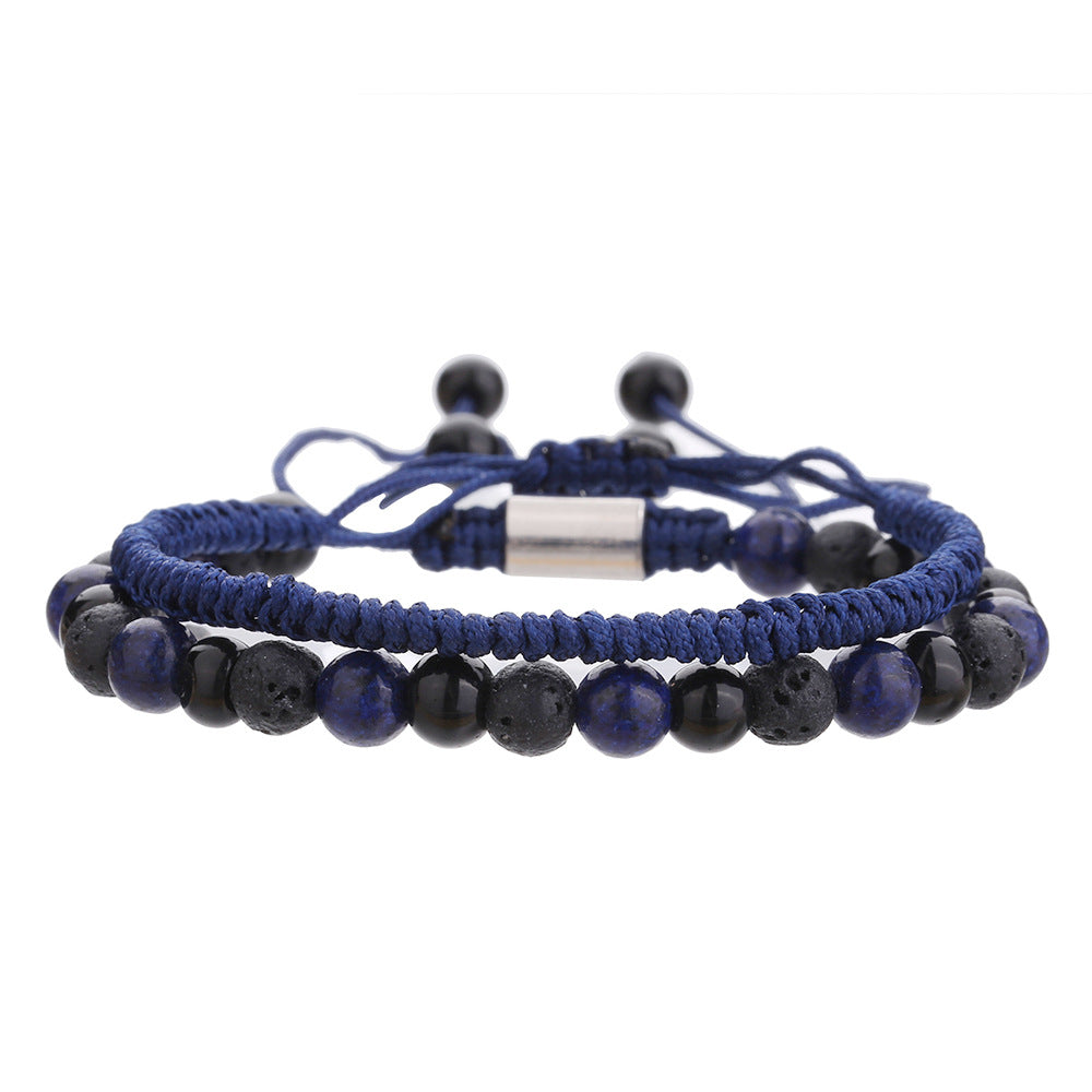 Cross-border hot-selling diamond knot woven bracelet men's combination volcanic stone blue turquoise tiger's eye adjustable couple bracelet