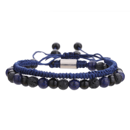 Cross-border hot-selling diamond knot woven bracelet men's combination volcanic stone blue turquoise tiger's eye adjustable couple bracelet