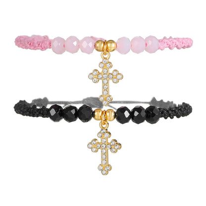 European and American diamond-encrusted cross pendant, crystal beaded couple bracelet, black pink woven adjustable friendship girlfriend bracelet.