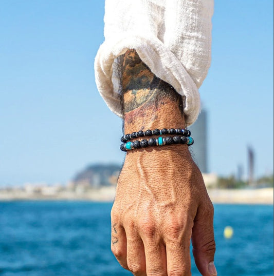 European and American new retro men's turquoise volcanic stone beaded bracelet simple design double-layer stacked bracelet combination