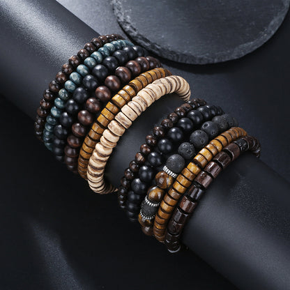 Cross-border hot-selling handmade beaded bracelet set men's retro style multi-layer elastic line wood bead coconut shell stone bracelet
