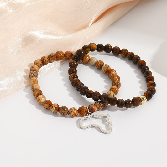 Cross-border hot-selling stainless steel Africa map jewelry, simple and versatile 8mm picture tiger's eye elastic bracelet set