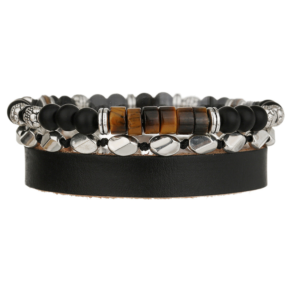 New beaded adjustable yellow tiger eye black agate map stone bracelet combination hip hop men's leather bracelet bracelet