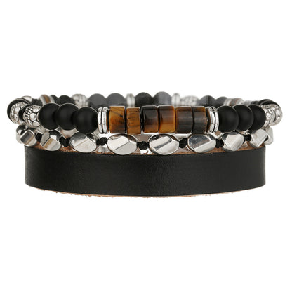 New beaded adjustable yellow tiger eye black agate map stone bracelet combination hip hop men's leather bracelet bracelet