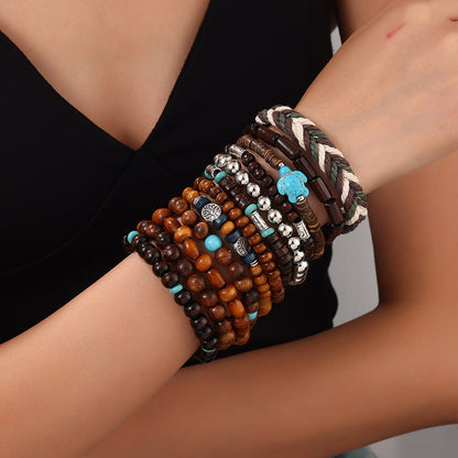 Vintage Woven Wood Bead Coconut Shell Bracelet Combination Leather Rope Magnet Buckle Metal Bracelet Men's Hip Hop Punk Men's Bracelet