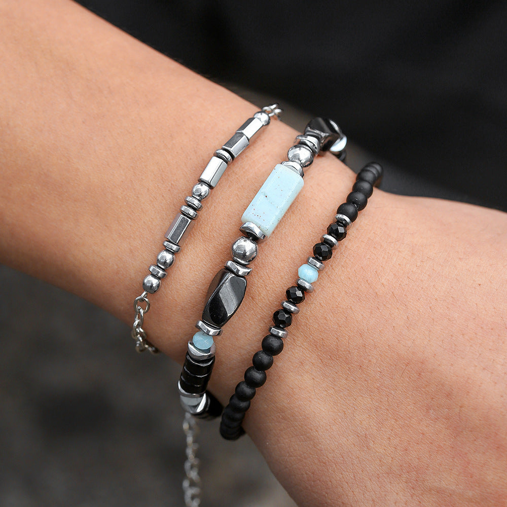 Natural stone and wood bead bracelet men's black matte beaded adjustable chain bracelet multi-layer stacked men's bracelet combination