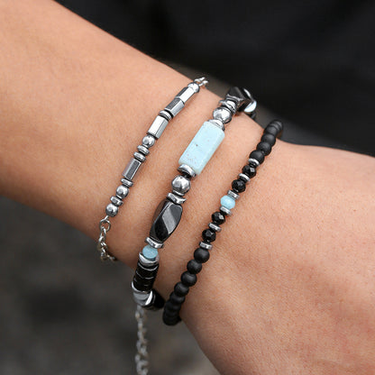 Natural stone and wood bead bracelet men's black matte beaded adjustable chain bracelet multi-layer stacked men's bracelet combination