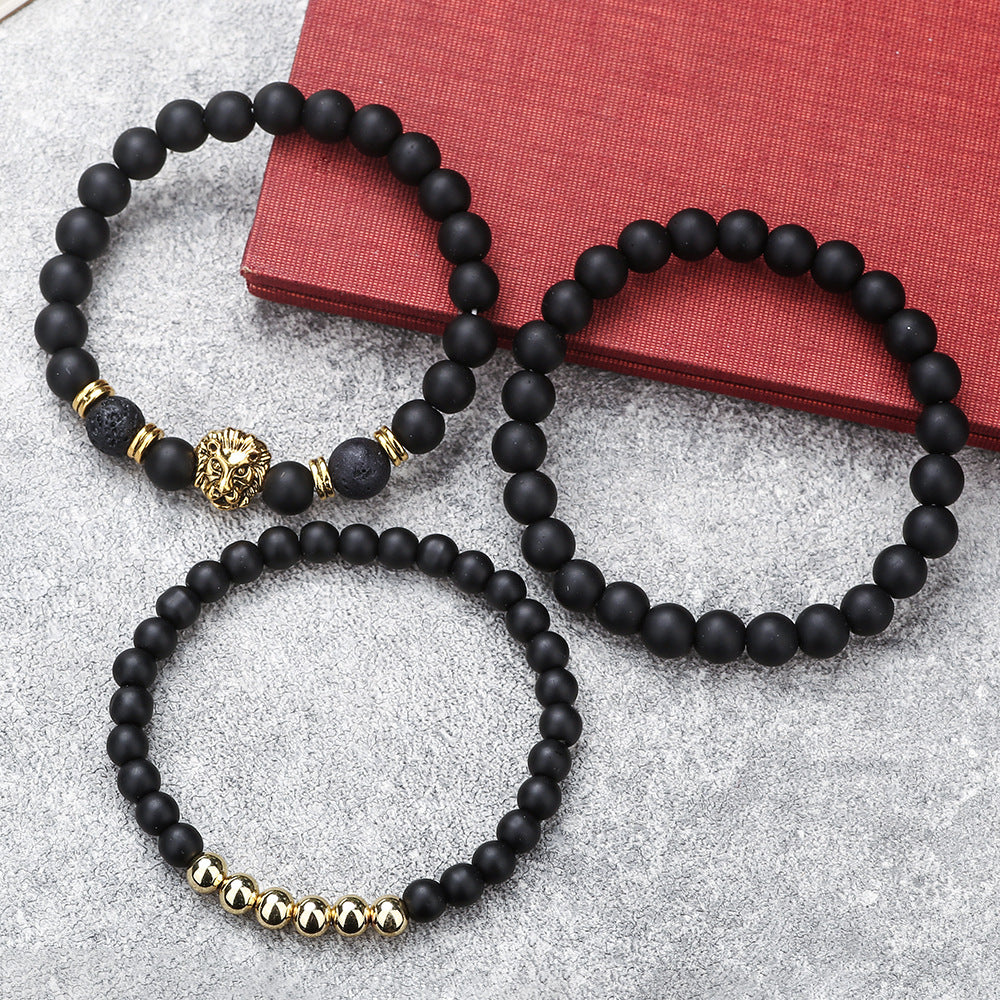 Cross-border new 6/8mm black matte volcanic stone beaded bracelet set combination lion head elastic bracelet bracelet.