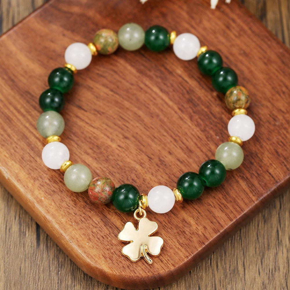Geometric Crystal Bead Bracelet Women's Small Fresh Clover Pendant Bracelet St. Patrick's Day Green Couple Bracelet