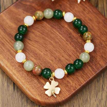 Geometric Crystal Bead Bracelet Women's Small Fresh Clover Pendant Bracelet St. Patrick's Day Green Couple Bracelet