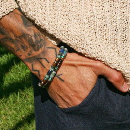 Factory direct sales cross-border wooden bead spacer semi-precious stone blue gold African pine men's bracelet retro beaded bracelet set