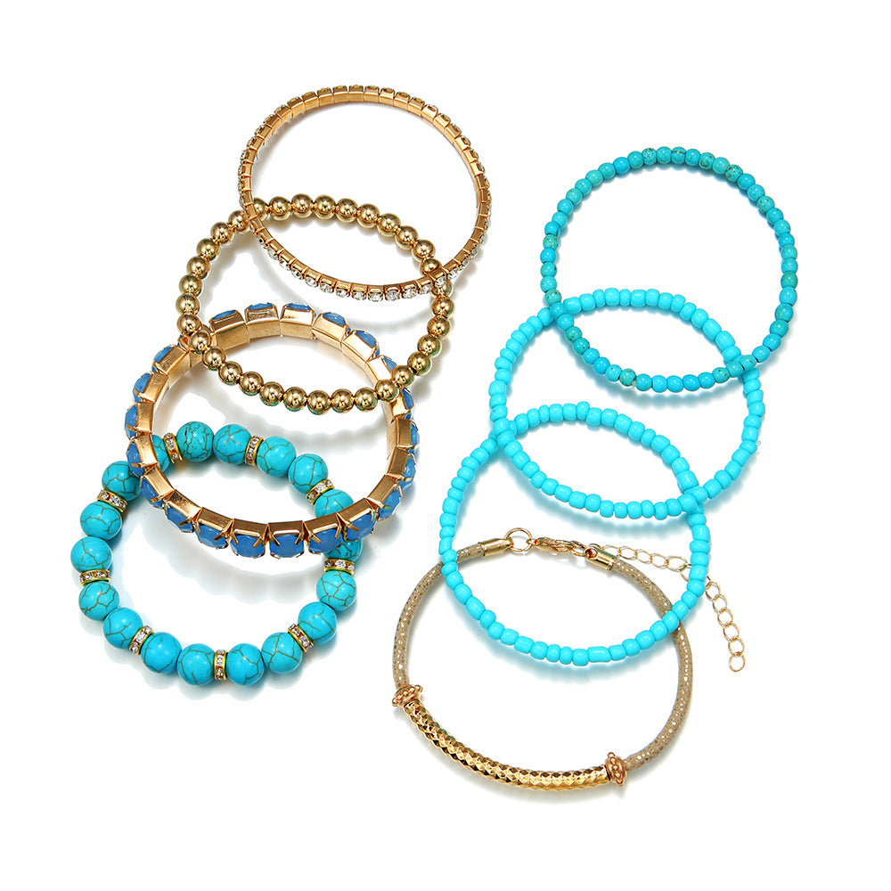 Bohemian heat sells turquoise round bead bracelet set, retro elastic rhinestone rice bead bracelet, bracelet bracelet.