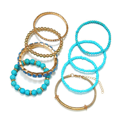 Bohemian heat sells turquoise round bead bracelet set, retro elastic rhinestone rice bead bracelet, bracelet bracelet.