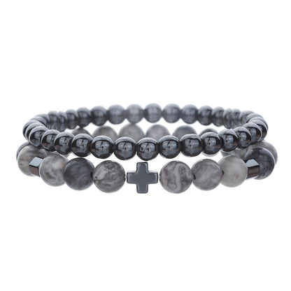 Cross-border fashion volcanic stone tiger's eye stone black gallstone bracelet men's trendy men's simple fashion cross beaded bracelet