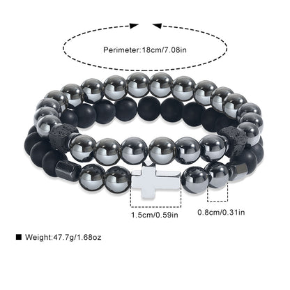 Cross-border new men's beaded bracelet set, black matte black gallstone cross bracelet elastic bracelet combination