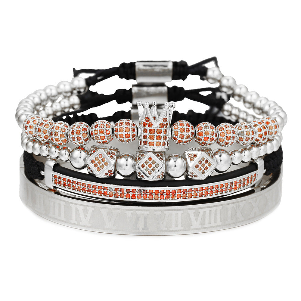 European and American men's micro-inlaid zircon diamond ball crown bracelet, diamond bracelet set, stainless steel Roman bracelet four-piece set