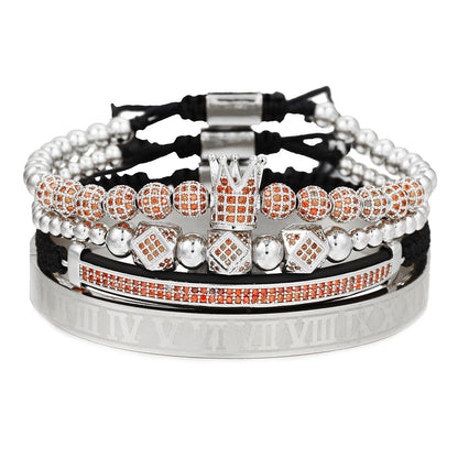 European and American men's micro-inlaid zircon diamond ball crown bracelet, diamond bracelet set, stainless steel Roman bracelet four-piece set