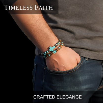 Cross-border hot-selling turquoise cross bracelet female bohemian multi-layer stacked wooden bead coconut shell bracelet couple bracelet