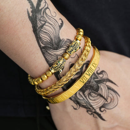 Copper inlaid zircon men's leopard head woven bracelet Roman letter woven stainless steel mesh bracelet set of three pieces