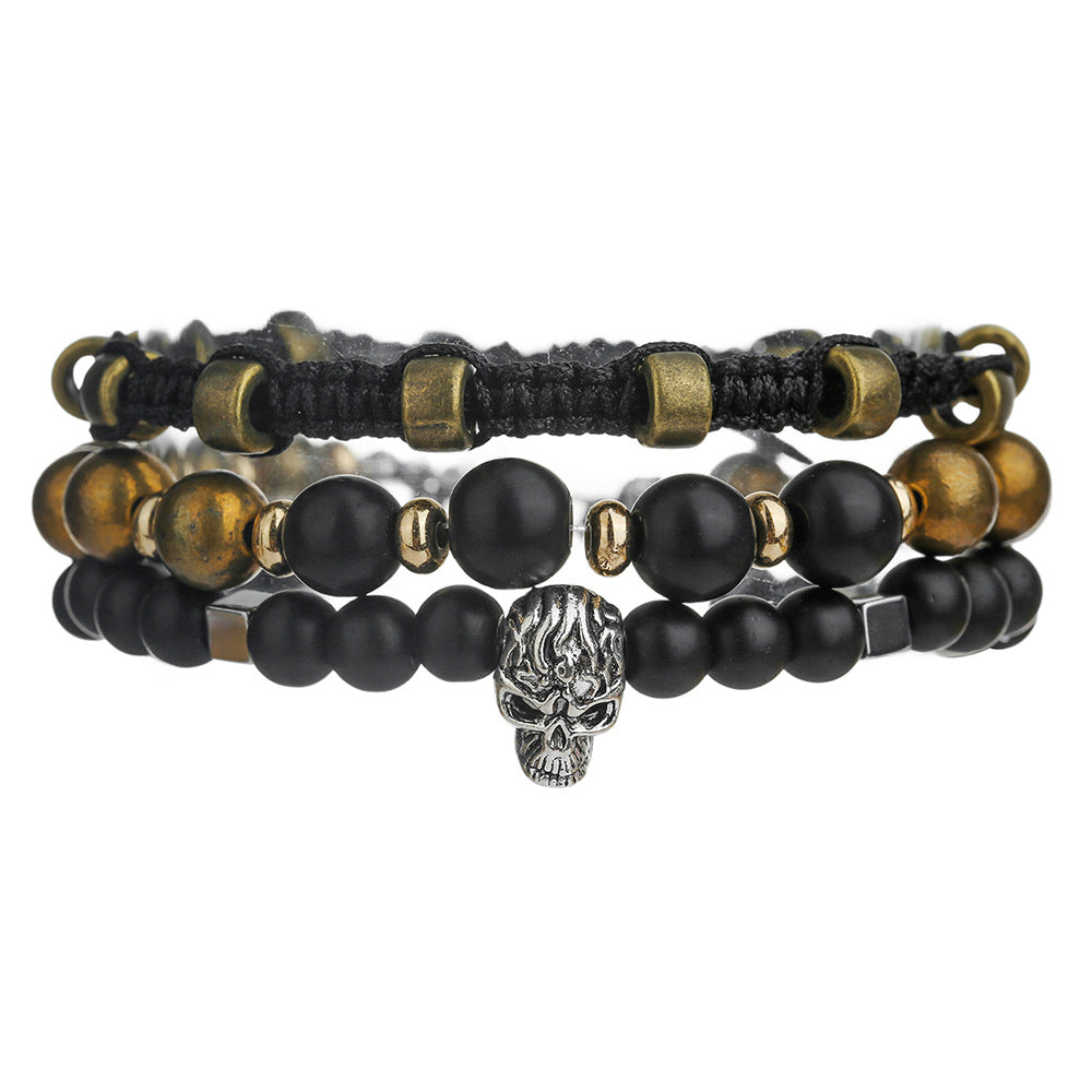 European and American retro style skull bead bracelet woven stacked punk suit bracelet male personality black matte jewelry