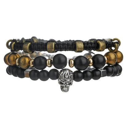 European and American retro style skull bead bracelet woven stacked punk suit bracelet male personality black matte jewelry