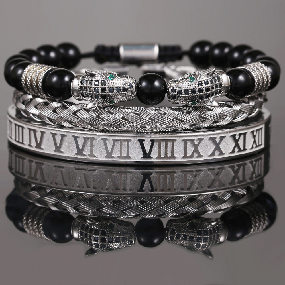 Copper micro-inlaid zircon double leopard head black agate woven bracelet men's stainless steel Roman bracelet stacked bracelet combination