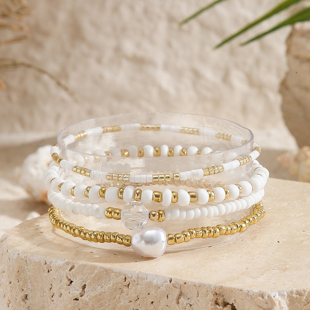 European and American cross-border jewelry white rice beads gravel beaded pearl bracelet women's fashion hand-stacked jewelry bracelet women