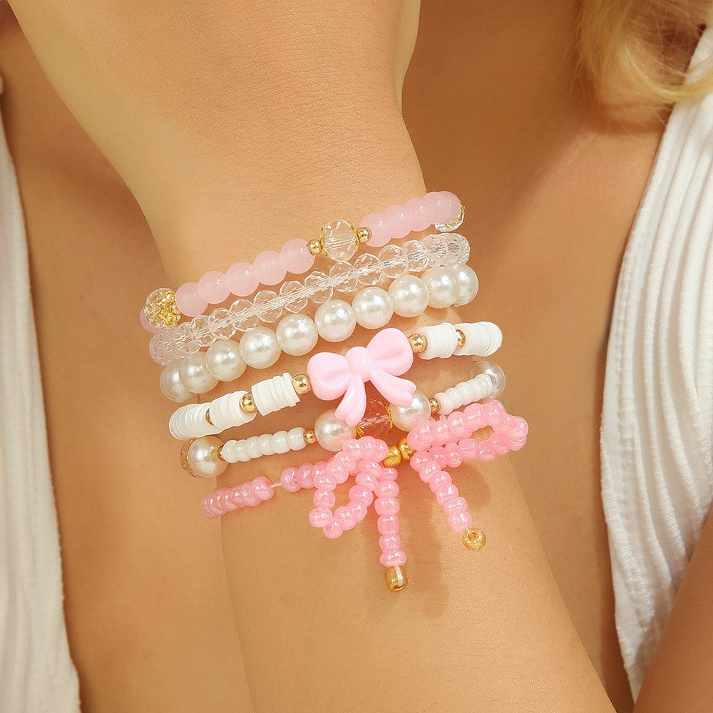 Cross-border new fresh and sweet pink crystal bracelet beaded elastic women's bracelet set butterfly festival pendant handmade