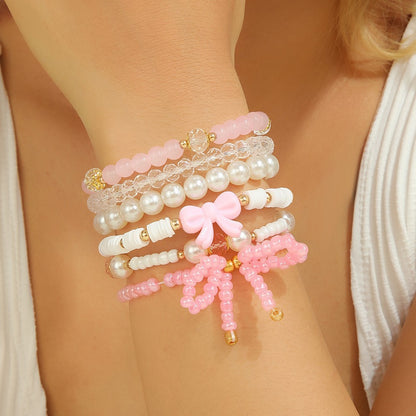 Cross-border new fresh and sweet pink crystal bracelet beaded elastic women's bracelet set butterfly festival pendant handmade