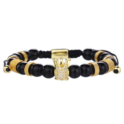 Cross-border punk hip-hop stacked bracelet set dripping oil Roman bracelet copper inlaid zircon crown black agate bracelet men