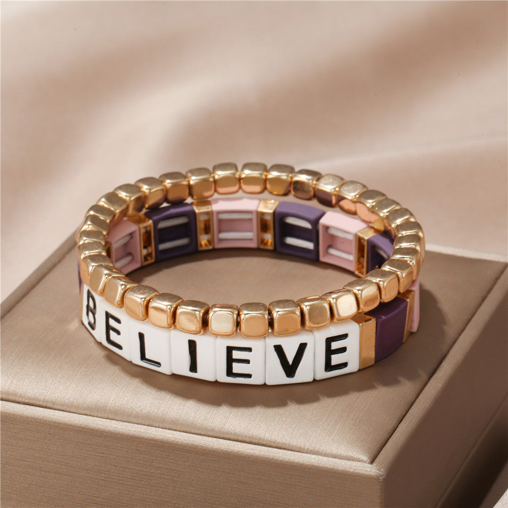 BELIEVE Alphabet Dice Bracelet Female Bohemian Elastic Bracelet Bracelet, Beaded Couple Bracelet Wholesale