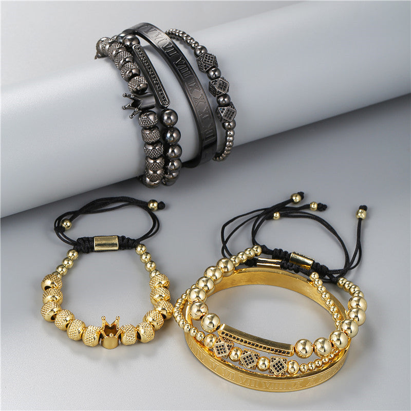 Cross-border explosive copper inlaid zircon bracelet combination stainless steel open bracelet woven crown bracelet stacked bracelet men